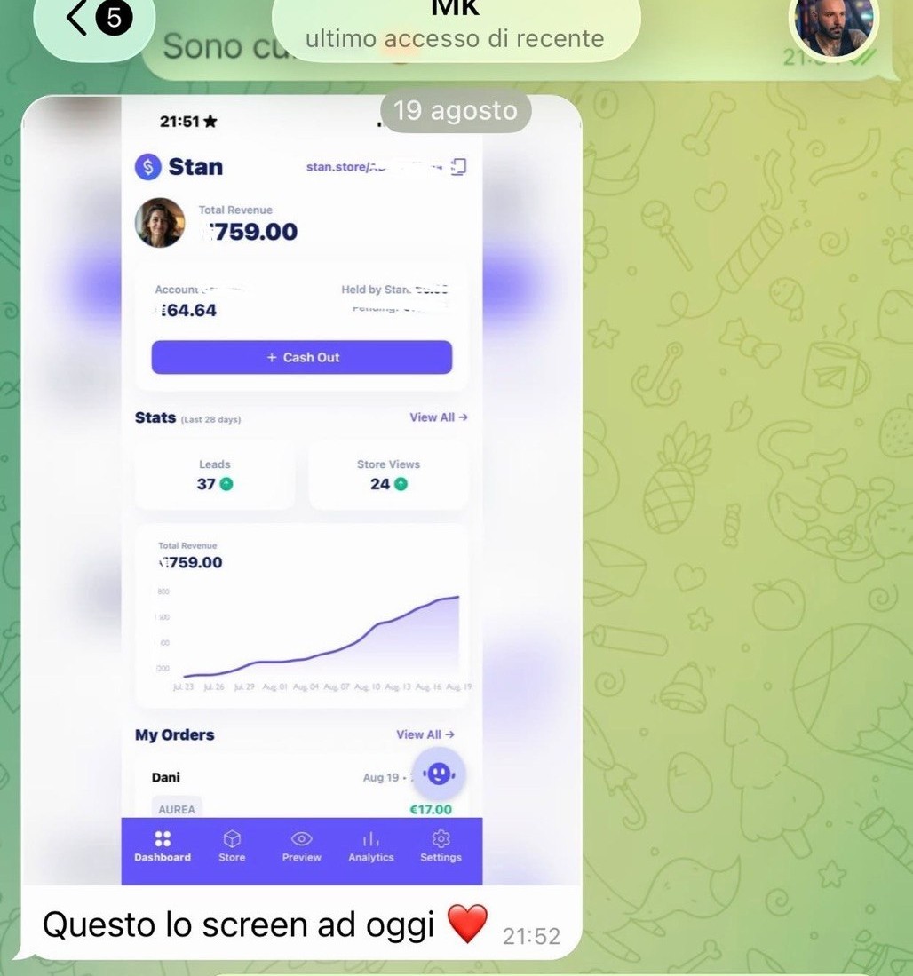 Screenshot Stan Store di una studentessa: 759 € di fatturato totale