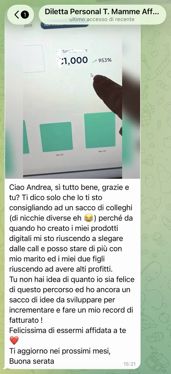 Screenshot inviato da Diletta: 1.000 € di vendite con i suoi prodotti digitali
